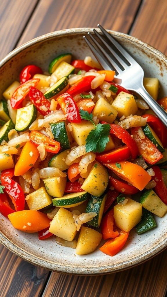 Garlic and Onion Sautéed Vegetables Recipe Sautéed vegetables with garlic and onion, featuring bell peppers and zucchini, garnished with herbs in a rustic bowl.